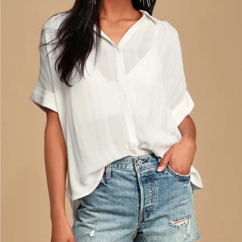 Lulu’s Women’s Everlee White Striped Button-Up Top, Sz L